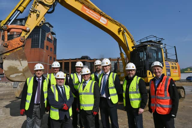 Work starts on the Northminster Site where apartments are being built. Cllrs Wayne Fitzgerald and Peter Hiller with PCC CEO Matt Gladstone with representatives from Wilmo0tt Dixon and the Peterborough Investment Partnership on site. EMN-220321-144142009