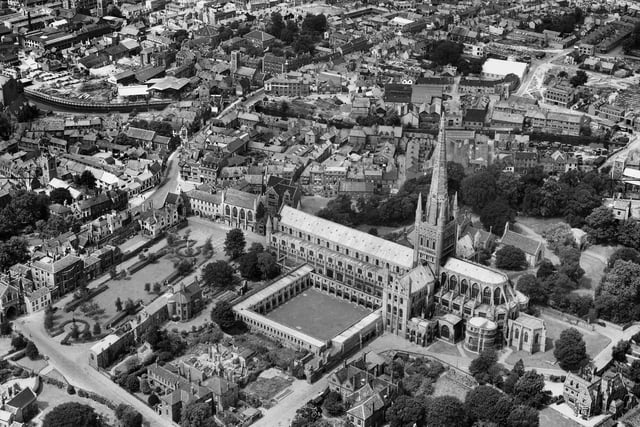 Construction of Norwich Cathedral started in 1096. These aerial views show the cathedral in its close in 1946 having survived bombing during one of the so-called ‘Beideker raids’ in June 1942 which targeted historic towns and cities in Britain. During this raid incendiary bombs fell through the chancel roof, causing numerous fires, the last of which was finally extinguished after 14 hours, and the cathedral saved.  (Photo: Historic England)