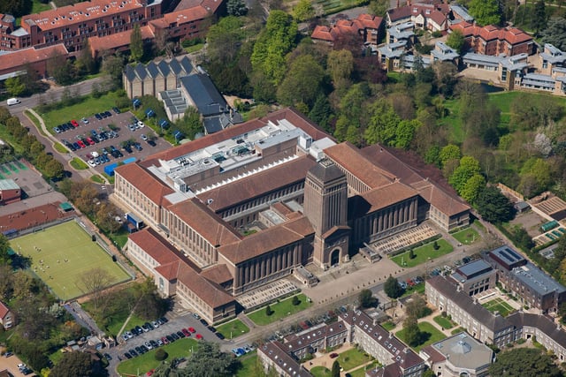 Old and new views of Cambridge University Library. The building was constructed between 1931-1934 by Giles Gilbert Scott. Though it has been extended to over the years, the outward appearance of this distinctive grade II listed building remains unchanged. (Photo: Historic England)