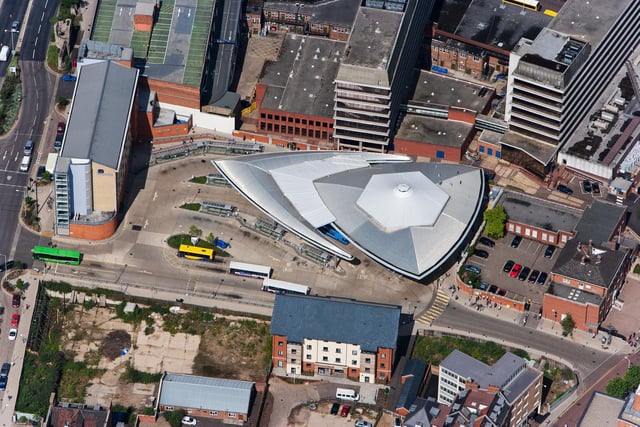 Norwich Bus Station opened on 30 August 2005. With its distinctive steel roof, it won the 2006 SCALA Civic Building of the Year Award is seen best from above. (Photo: Historic England)
