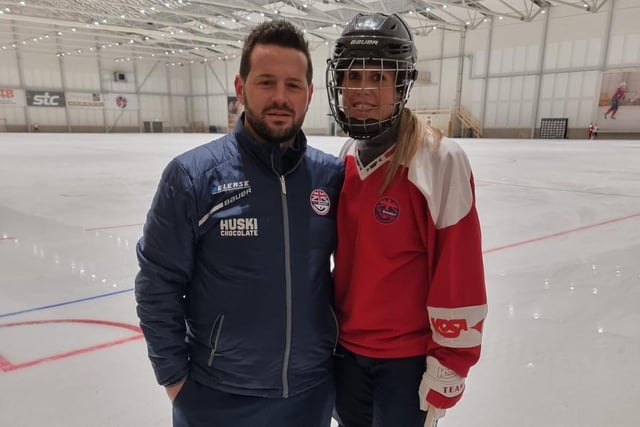 Assistant coach Tom Parker 41 and his fiancé Clare Ledbury on the ice.