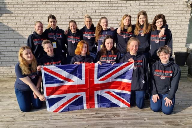 The Great British women's bandy team competing at the 2022 Women's Bandy World Championships in Åby, Sweden.