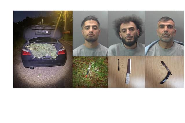Items seized by police and (l-r) Yunis Ramadan, Sarmand Majeed and Ferhad Ali
