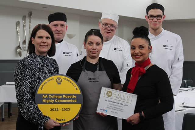 Hospitality and Catering staff from Peterborough College with awards Left to Right, Steve Parr, Trevor Braid, Tom Hannam, Ellie Miles, Zana Rudenko, Francesca Defalco.