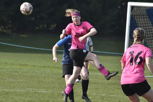 Action from Peterborough United Foundation (pink) v Cardea in the Cambs Womens League Cup. Photo: David Lowndes.