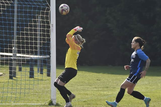 Action from Peterborough United Foundation v Cardea (blue) in the Cambs Womens League Cup. Photo: David Lowndes.