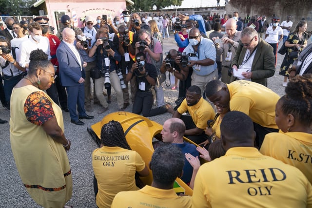 The Duke and Duchess of Cambridge meet the Jamaican bobsled team during their visit to Trenchtown in Kingston, Jamaica, on day four of their tour of the Caribbean on behalf of the Queen to mark her Platinum Jubilee. Picture date: Tuesday March 22, 2022. EMN-220323-125722005