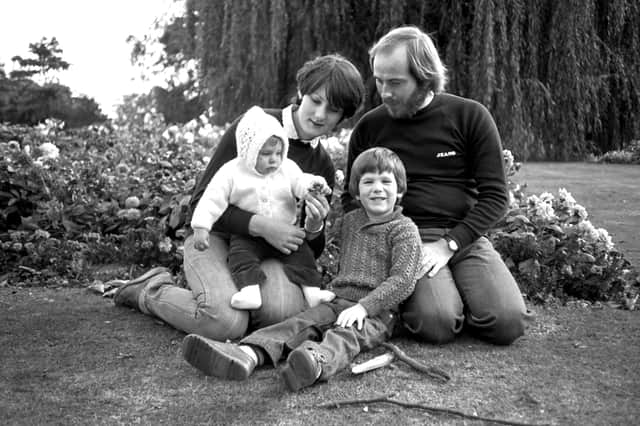 Maureen and Richard Holmes are pictured with their children James and Amy in  town park in 1980.
