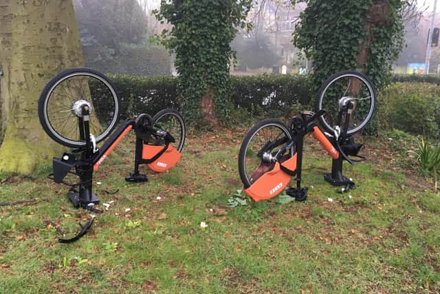The picture of the vandalised e-bikes in Central Park, in Peterborough, posted on Twitter by @RichardFerris63