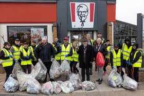 Peterborough Mayor Stephen Lane with KFC team members on the litter pick on Tuesday.
