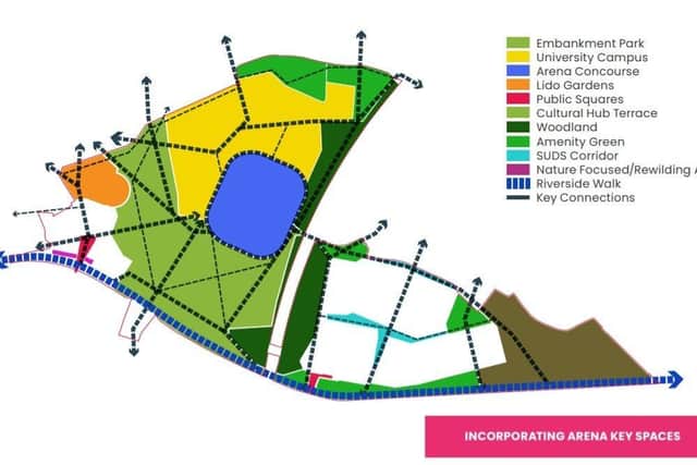 A map of the masterplan's proposed placement of the arena next to the university campus. The stadium is in blue.