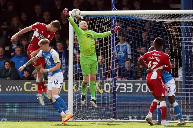 Posh goalkeeper Dai Cornell challenges for the ball against Middlesbrough. Photo: Joe Dent/theposh.com.