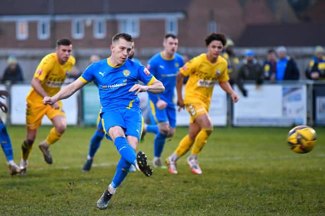 Dan Lawlor converted a penalty for Peterborough Sports at Royston. Photo: James Richardson.