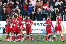 Middlesbrough players celebrate their second goal of the game at Posh. Photo: Joe Dent/theposh.com.