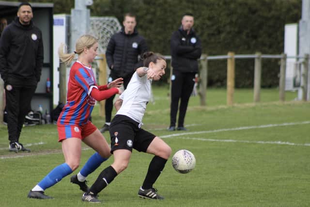 Kayleigh Aylmer in action for Posh Women at Wem Town. Photo: Gary Reed.