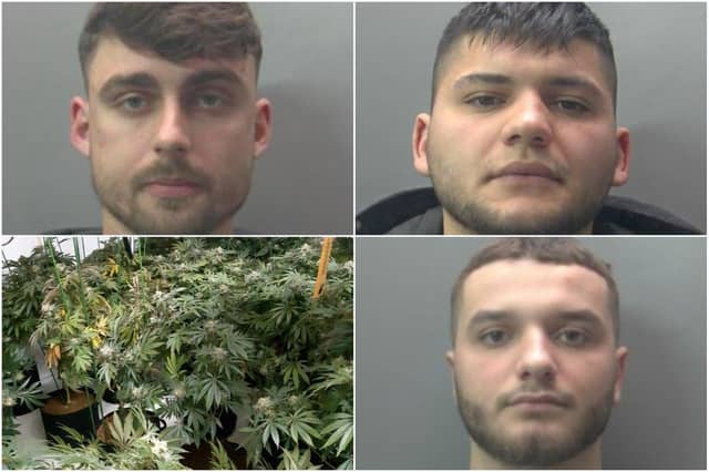Entmir Papai (top left) Alfred Lybeshari (top right) and Kevin Kruti (bottom right), with some of the drugs found