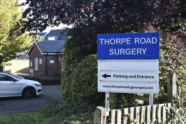 There are 4,143 patients per GP at Thorpe Road Surgery. In total there are 9,031 patients and the full-time equivalent of 2.2 GPs.