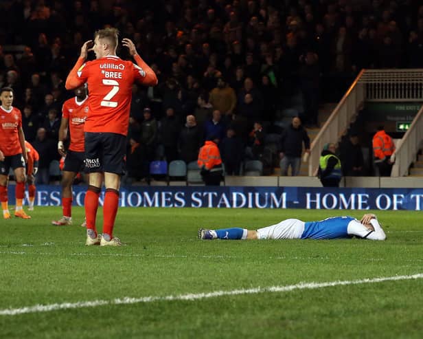 Jack Taylor of Peterborough United rues a missed chance to score late on against Luton Town. Photo: Joe Dent/theposh.com.