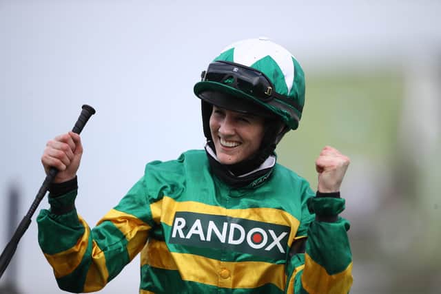 Rachael Blackmore celebrates her Grand National victory on Minella Times in 2021. Photo: Tim Goode/Getty Images.