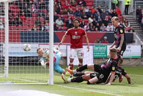 Jonson Clarke-Harris of Peterborough United scores the equalising goal against Bristol City. Photo: Joe Dent/theposh.com.