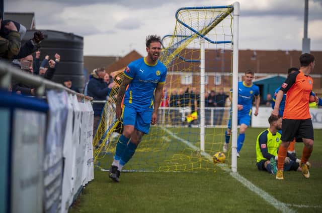 Ryan Fryatt celebrates his goal for Peterborough Sports against Biggleswade. Photo: James Richardson.