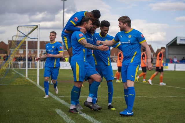 Peterborough Sports celebrate a goal against Biggleswade. Photo: James Richardson.