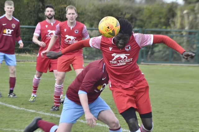Action from Deeping Rangers (maroon) v Stilton United in the Peterborough League Cup quarter-final. Photo: David Lowndes.