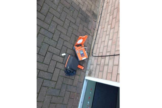 The vandalised defibrillator in Orton Goldhay.