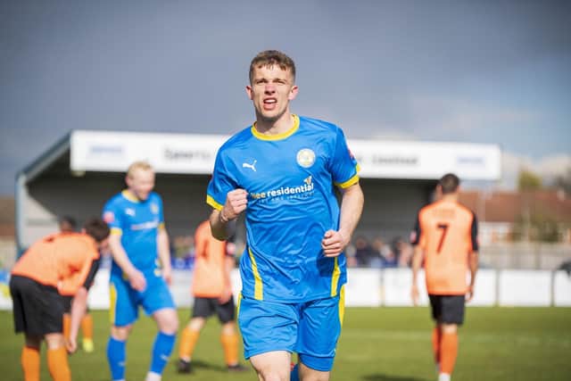 Dan Jarvis celebrates a goal for Peterborough Sports against Biggleswade last weekend. Photo: James Richardson.