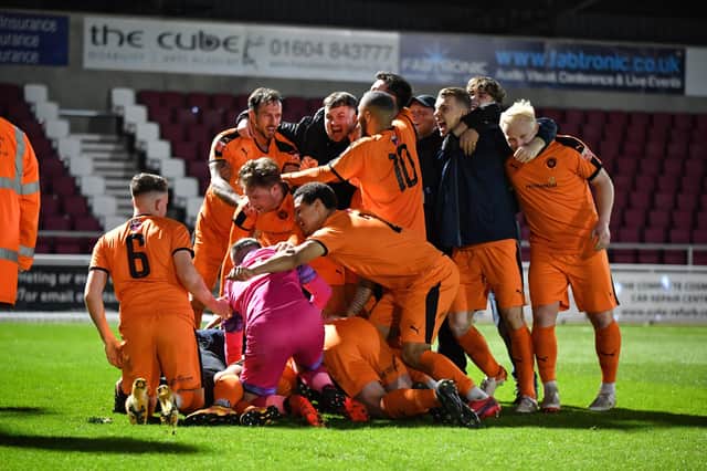 Peterborough Sports celebrate their Northants County Cup Final success. Photo: James Richardson.