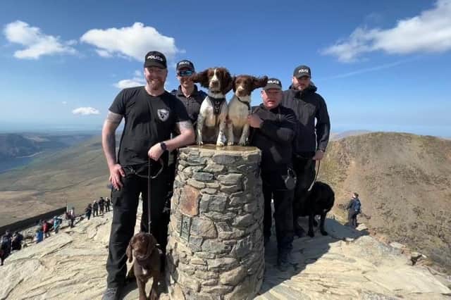 Officers from BCH Police Dog Unit at the top of Mount Snowdon.