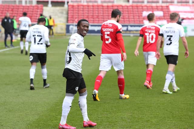 Siriki Dembele of Peterborough United celebrates scoring the opening goal against Swindon Town. Photo: Joe Dent/theposh.co.m