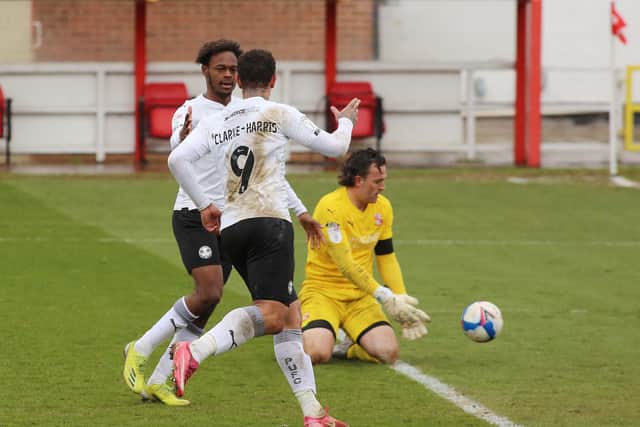 Jonson Clarke-Harris (9) of Peterborough United celebrates scoring his goal against Swindon Town. Photo: Joe Dent/theposh.com.