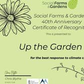 Up the Garden Bath have been awarded a certificate of recognition from Social, Farms and Gardens.