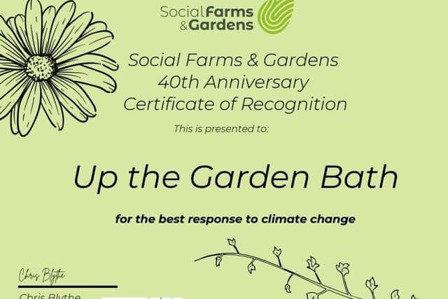 Up the Garden Bath have been awarded a certificate of recognition from Social, Farms and Gardens.