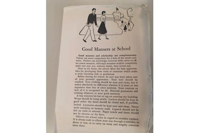 A photocopied extract from the book on showing good manners at school.