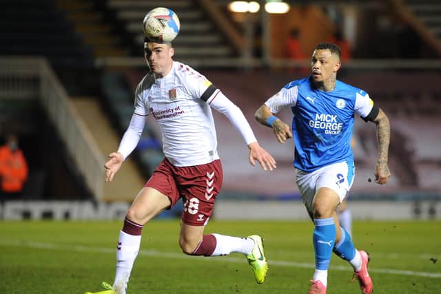 Jonson Clarke-Harris in action for Posh against Northampton. Photo: David Lowndes.