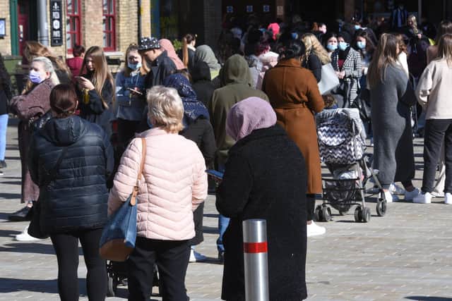 City Centre  Covid 19 lockdown restrictions ease on April 12th.
Queues for Primark EMN-211204-124011009