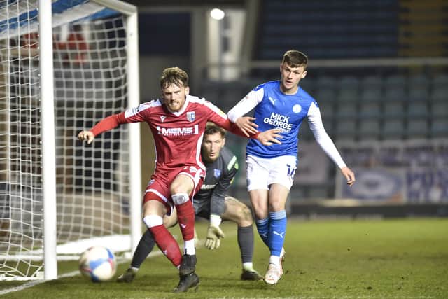 Harrison Burrows in action for Posh against Gillingham. Photo: David Lowndes.