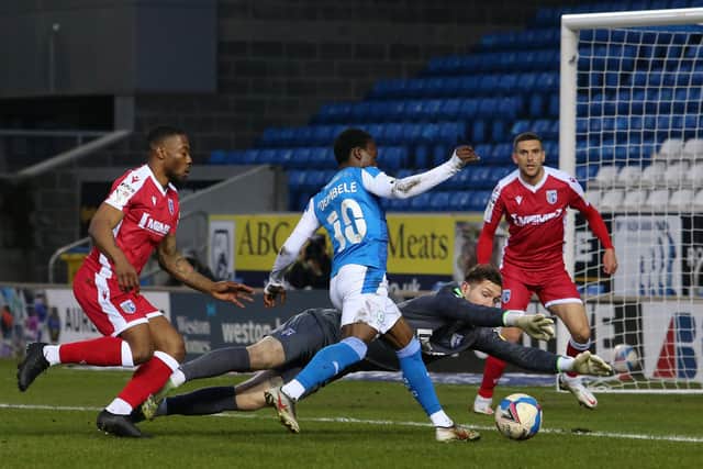 Siriki Dembele wasted this great chance to score for Posh against Gillingham. Photo: Joe Dent/theposh.com.