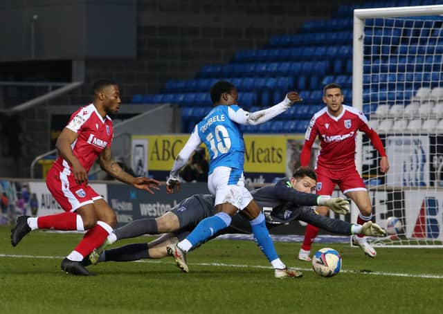 Siriki Dembele wasted this great chance to score for Posh against Gillingham. Photo: Joe Dent/theposh.com.