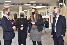 Left to right: Peterborough MP Paul Bristow, CEO of TDA Education Trust Julie Taylor, Principal Lynn Mayes and Schools minister Nick Gibb.