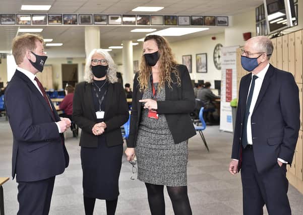 Left to right: Peterborough MP Paul Bristow, CEO of TDA Education Trust Julie Taylor, Principal Lynn Mayes and Schools minister Nick Gibb.