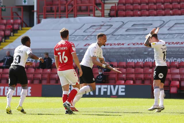 Jonson Clarke-Harris of Peterborough United celebrates scoring the opening goal - Mandatory by-line: Joe Dent/JMP - 24/04/2021 - FOOTBALL - The Valley - London, England - Charlton Athletic v Peterborough United - Sky Bet League One EMN-210424-155406005
