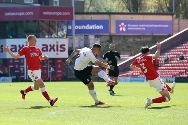 Jonson Clarke-Harris of Peterborough United scores fror Posh against Charlton last weekend. Photo: Joe Dent/theposh.com.