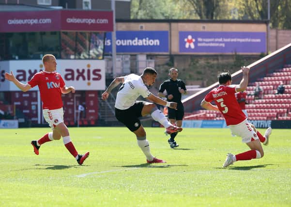 Jonson Clarke-Harris of Peterborough United scores  fror Posh against Charlton last weekend. Photo: Joe Dent/theposh.com.