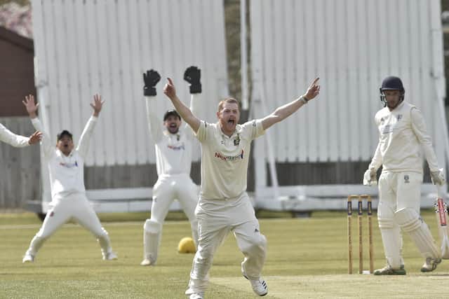 Peterborough Town seamer Mark Edwards leads the appeals during the win over Desborough. Photo: David Lowndes.