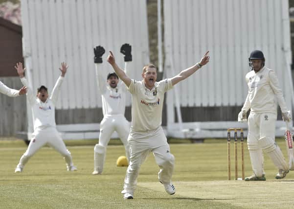 Peterborough Town seamer Mark Edwards leads the appeals during the win over Desborough. Photo: David Lowndes.