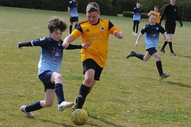 Action from Gunthorpe Harriers (blue) v Boston Comm Under 12s. Photo: David Lowndes.