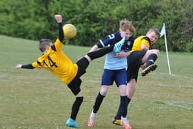 Action from Gunthorpe Harriers (blue) v Boston in the Junior Alliance Under 12 Hereward Cup. Gunthorpe won an excellent contest 4-3 with  Zack Goodrum, Oscar Hirst and Demi Gilbert among the goalscorers. Photo: David Lowndes.